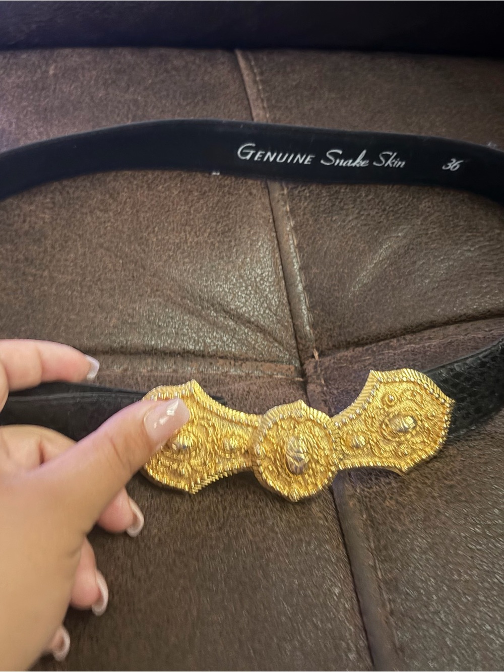 Black Genuine Snake Skin Belt with Ornate Gold-Tone Decorative Plate